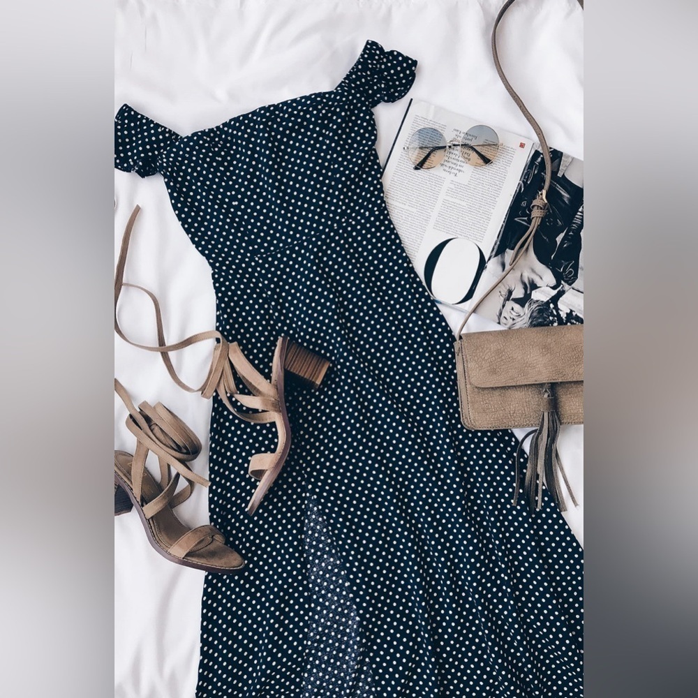 Lulus Dream Regency Nautical Blue Polka Dot Off-the-Shoulder Maxi Dress size Med - Picture 7 of 14